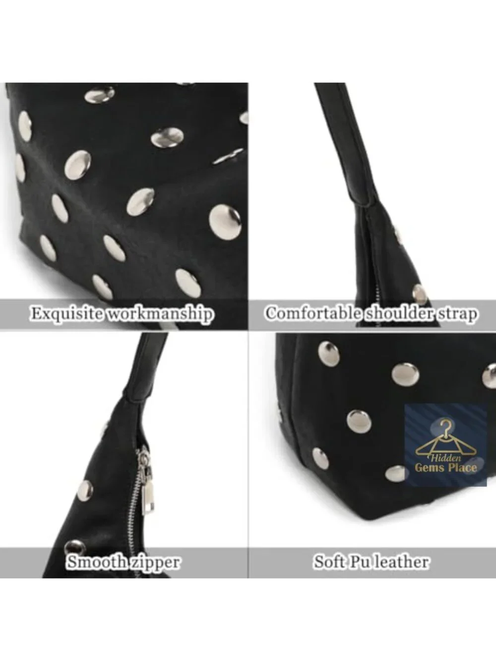 Studded Hobo Bag Vegan Leather Shoulder Handbag Slouchy Tote Purse